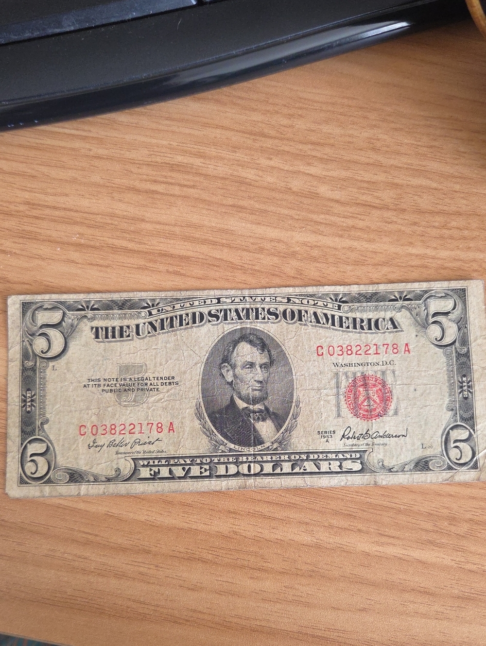 Vintage Red Seal Five Dollar Note - Red Accent